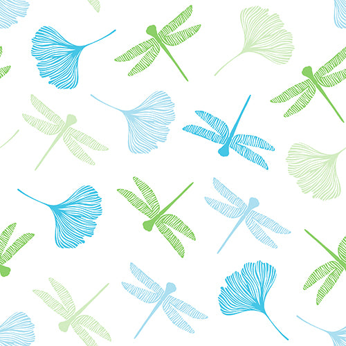 Bezšvový vzor štylizovaných vážok a listov ginkgo v modrej a zelenej zdobí PAPSTAR 20 servítok (40x40 cm, 3-vrstvové, 1/4-sklad) od PAPSTAR GmbH. Na bielom pozadí sa rovnomerne rozložené prvky objavujú v rôznych smeroch.