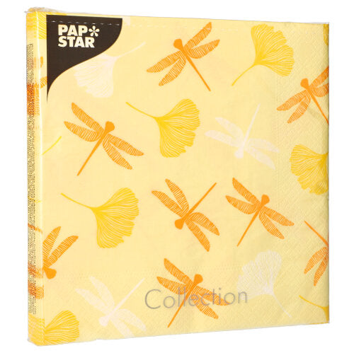 Žltá servítka od PAPSTAR GmbH (40x40 cm, 3-vrstvová, 1/4 záhyb) s oranžovo-bielou vážkou a ginkgo listami. V balení po 20 ideálne na špeciálne príležitosti. Nápis „Papstar“ v ľavom hornom rohu.