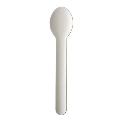 Na bielom pozadí je ekologická, biela PAPSTAR lyžica z papiera "pure" (15,5 cm, 20 kusov) od PAPSTAR GmbH viditeľná.