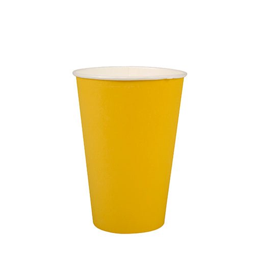 PAPSTAR 20 pohár (papierový pohár, 0,2 l, Ø 7 cm · 9,7 cm) od PAPSTAR GmbH v žltej farbe s bielym vnútrajškom stojí vzpriamene na bielom podklade.