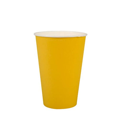 PAPSTAR 20 pohár (papierový pohár, 0,2 l, Ø 7 cm · 9,7 cm) od PAPSTAR GmbH v žltej farbe s bielym vnútrajškom stojí vzpriamene na bielom podklade.