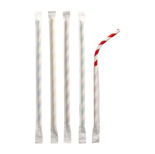 Päť PAPSTAR papierových slamiek (Ø 6 mm, 20 cm, flexibilné, jednotlivo zabalené) stojí vzpriamene: štyri s pastelovými pruhmi, jedna červeno-bielo pruhovaná a na hornom konci ohnutá.