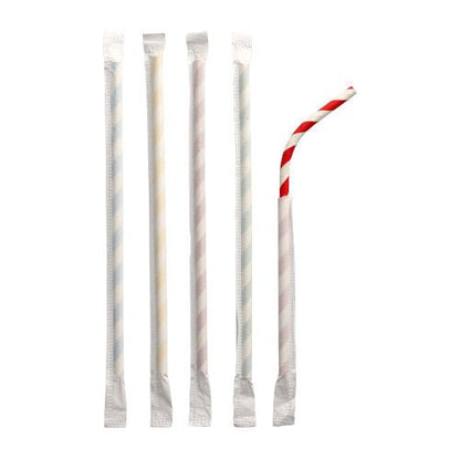 Päť PAPSTAR papierových slamiek (Ø 6 mm, 20 cm, flexibilné, jednotlivo zabalené) stojí vzpriamene: štyri s pastelovými pruhmi, jedna červeno-bielo pruhovaná a na hornom konci ohnutá.