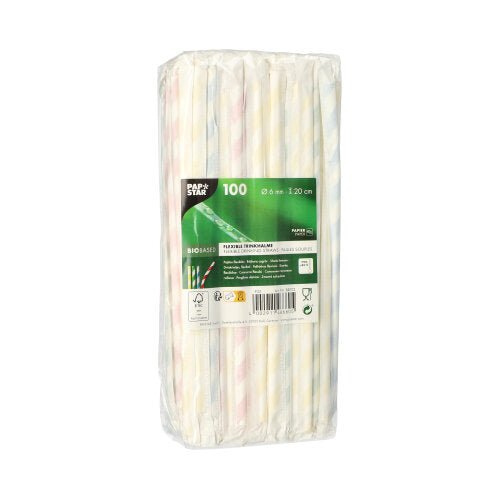 Priehľadné balenie obsahuje 100 PAPSTAR papierových slamiek (Ø 6 mm, 20 cm), jednotlivo zabalených. Balenie zobrazuje slamky a obsahuje informácie o produkte s logom PAPSTAR GmbH a čiarovým kódom.