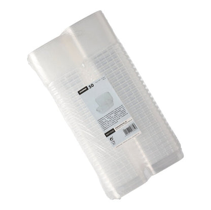 Ein Stapel Starpak 50 Feinkostbecher, PP transparent und eckig mit Originalitätsverschluss, ist in Plastik verpackt und trägt ein weißes Etikett mit Produktinfos, Barcode und Sicherheitsverschluss.