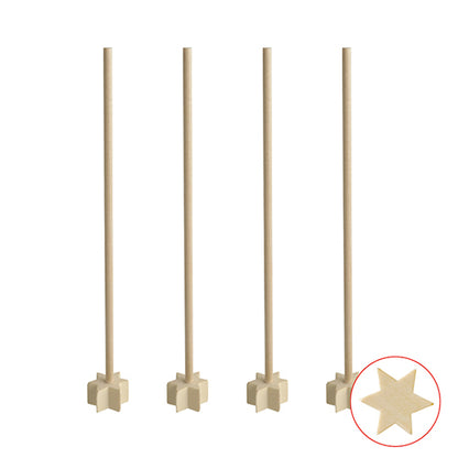 Auf weißem Untergrund sind vier PAPSTAR 17 cm Holz Cocktail-Stampfer „pure“ der PAPSTAR GmbH aufgereiht, die jeweils den charakteristischen sternförmigen Standfuß aufweisen, eine Nahaufnahme dieses Standfußes ist in einem kleinen Kreis unten rechts abgebildet.