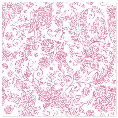 Die ROYAL Collection 50 Servietten (40 x 40 cm, fuchsia) der PAPSTAR GmbH zeigen ein rosafarbenes Blumen- und Paisleymuster mit fuchsiafarbenen Akzenten auf weißem Untergrund - eine elegante und detailreiche Wahl für jeden gedeckten Tisch.