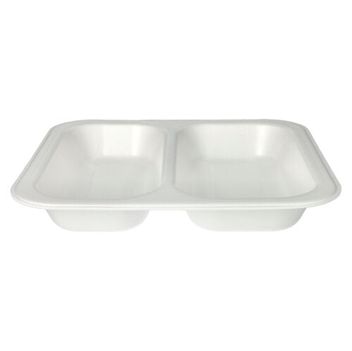 Starpak 50 tesniace misky sú biele, laminované, obdĺžnikové jednorazové misky (XPS, 4,2 x 24,5 x 26,5 cm) s dvomi priehradkami – ideálne pre gastronómiu na hygienické balenie a prezentáciu jedál.