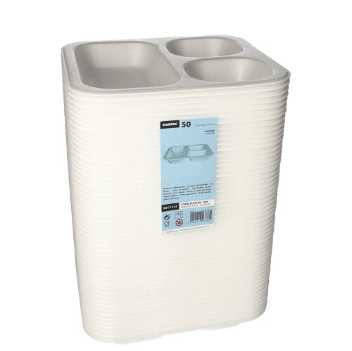 Stoh Starpak 50 tesniacich misiek – biele, laminované XPS misky s tromi priehradkami (4,2 × 24,5 × 26,5 cm), zabalené v priehľadnej plastovej fólii a označené modrou etiketou – ideálne pre gastronómiu a potravinové balenie.