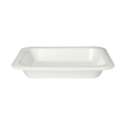 Misky Starpak 100 sú biele, obdĺžnikové XPS-laminované jednorazové misky s mierne zvýšenými okrajmi a plochým dnom - perfektné pre hygienické použitie v gastronómii. Fotografované na bielom pozadí.