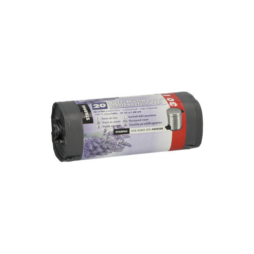 Jedna rolka Starpak 20 odpadkových vriec z LDPE, sivá s vôňou levandule (30 l, 60x50 cm), obsahuje 20 vonných vreciek na balenie. Etiketa zobrazuje podrobnosti o produkte a obrázok levandule.