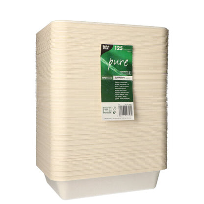 Súprava 125 PAPSTAR uzatváracích misiek z cukrovej trstiny od PAPSTAR GmbH. Biologicky rozložiteľné a ekologicky zabalené, ideálne pre udržateľné rozhodnutia. So zeleno-bielym štítkom „pure“ pre ekologicky uvedomelých používateľov.