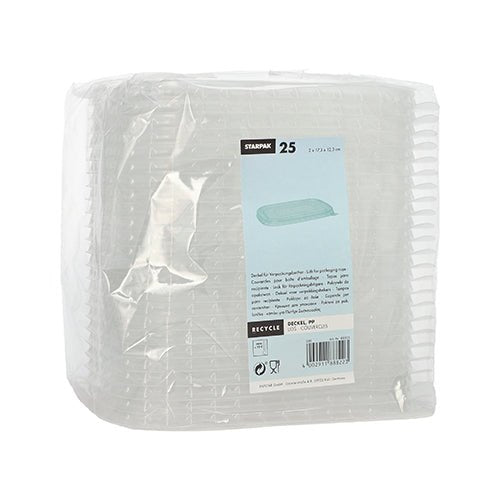 Balenie s 25 obdĺžnikovými, priehľadnými Starpak PP viečkami pre obalové poháre (1 x 17,3 x 12,3 cm) je zabalené v plaste a na prednej strane má modro-bielu etiketu s informáciami o produkte a recyklácii.