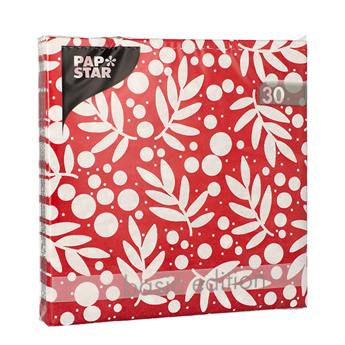 Balík s 30 PAPSTAR 3-vrstvovými obrúskami (33x33 cm, 1/4 zloženie) od PAPSTAR GmbH, s červeným pozadím s bielymi listami a bodkami a nápisom „Basic Edition“ v pravom dolnom rohu.