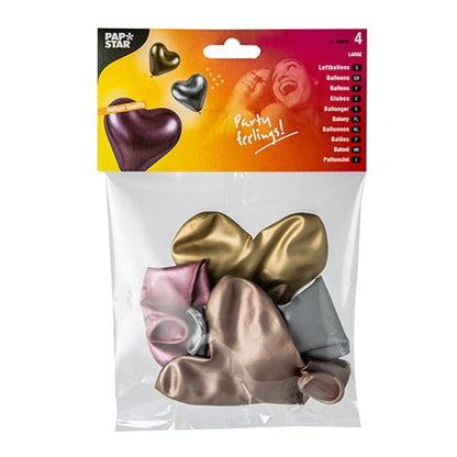 PAPSTAR 4 balóny veľké od PAPSTAR GmbH obsahujú štyri nenafúknuté srdcové balóny v metalickej zlatej, striebornej, ružovozlatej a bronzovej farbe v priehľadnom obale s brandingom a balónovými motívmi - ideálne pre slávnostnú dekoráciu.