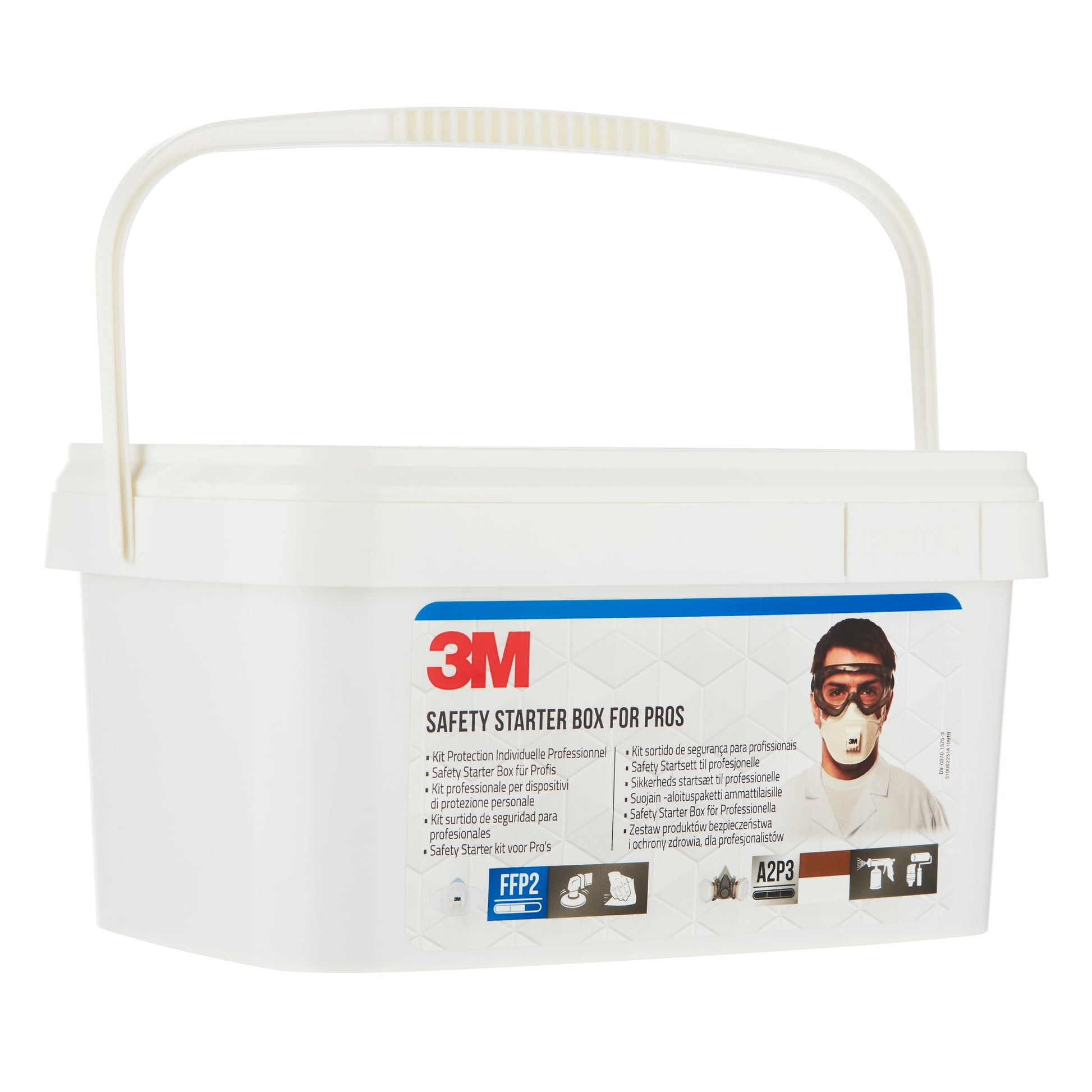 Die 3M™ Arbeitsschutz-Starter-Box für Profis 1000MCWE von 3M Deutschland GmbH ist eine weiße Kunststoffbox mit Griff, beschriftet mit einer maskierten Person, Produktinformationen, Sicherheitssymbolen und FFP2/A2P3-Filterstufen. Das Set enthält Atem-, Augen- und Gehörschutz.