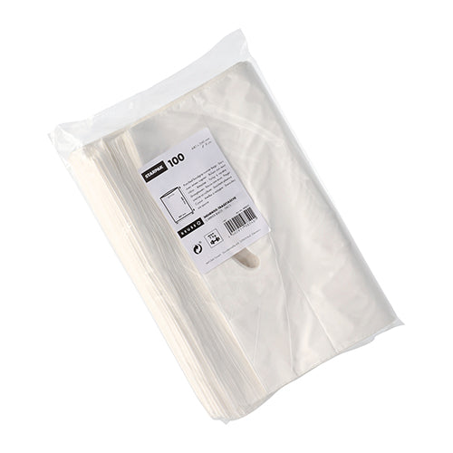 Priehľadné plastové balenie so 100 Starpak 100 Griffloch-Tragetaschen, HDPE biele od Starpak, s produktovými informáciami, čiarovým kódom a recyklačnými symbolmi na bielom pozadí.