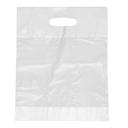 Starpak 100 Griffloch-Tragetaschen, HDPE biele od Starpak sú priehľadné, odolné obdĺžnikové tašky s vyrazeným držadlom, ktoré sú zobrazené prázdne na jednoduchom bielom pozadí.