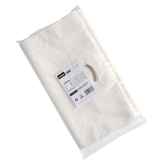 Priehľadné plastové balenie obsahuje 100 bielych Starpak Griffloch-Tragetaschen z HDPE. Robustné tašky, výrez na držadlo a produktový štítok s čiarovým kódom sú viditeľné cez obal. Značka: Starpak.