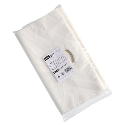 Priehľadné plastové balenie obsahuje 100 bielych Starpak Griffloch-Tragetaschen z HDPE. Robustné tašky, výrez na držadlo a produktový štítok s čiarovým kódom sú viditeľné cez obal. Značka: Starpak.