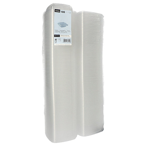 Balenie 100 priehľadných, obdĺžnikových Starpak obalov s klapkovými viečkami (PP), zviazané v plaste s produktovou etiketou na prednej strane.