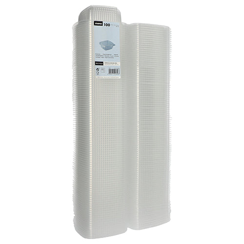 Balenie 100 priehľadných, obdĺžnikových Starpak obalov z PP s klapkovým viečkom stojí vzpriamene. Etiketa Starpak na vrchu ukazuje detaily o týchto všestranných pohároch a ich množstve.