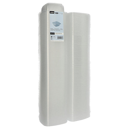 Balenie 100 priehľadných, obdĺžnikových Starpak obalov z PP s klapkovým viečkom stojí vzpriamene. Etiketa Starpak na vrchu ukazuje detaily o týchto všestranných pohároch a ich množstve.