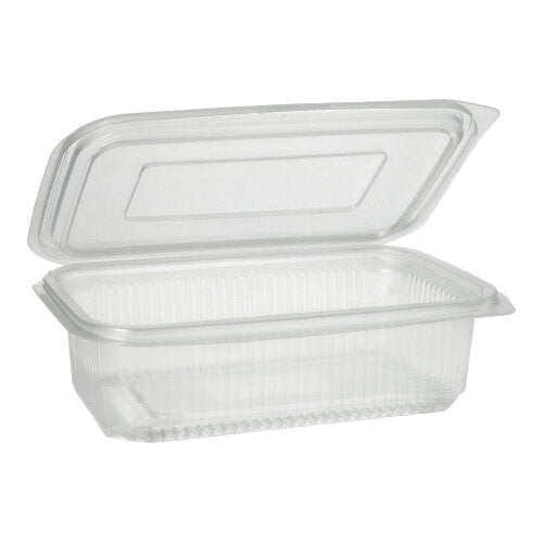 Priehľadný, obdĺžnikový Starpak 50 obalový pohár s klapkovým vekom od Starpak je otvorený a prázdny a je zobrazený pred jednoduchým bielym pozadím.