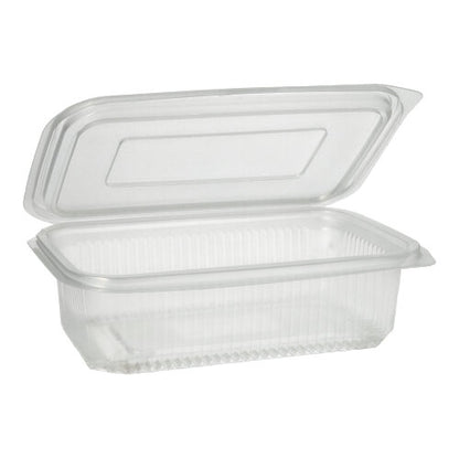 Priehľadný, obdĺžnikový Starpak 50 obalový pohár s klapkovým vekom od Starpak je otvorený a prázdny a je zobrazený pred jednoduchým bielym pozadím.