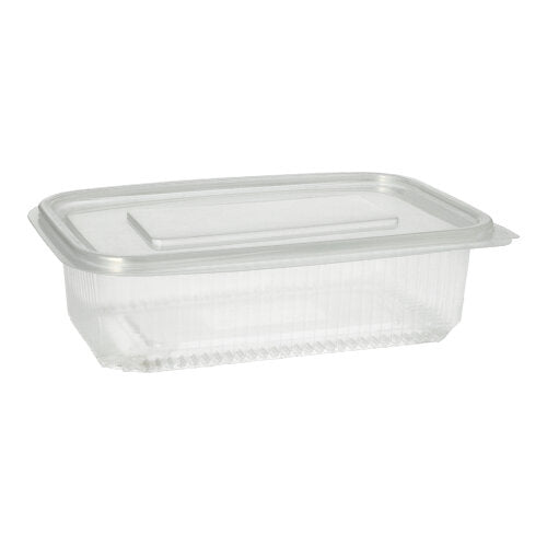 Starpak 50 obalový pohár s klapkovým vekom, PP priehľadný obdĺžnikový, spočíva na jednoduchom bielom pozadí so zatvoreným priehľadným vekom.