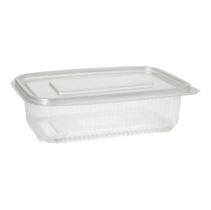 Starpak 50 obalový pohár s klapkovým vekom, PP priehľadný obdĺžnikový, spočíva na jednoduchom bielom pozadí so zatvoreným priehľadným vekom.