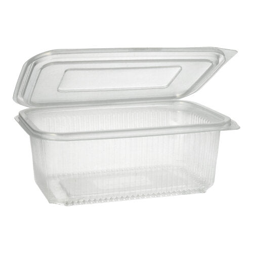 Starpak 50 obalový pohár s klapkovým vekom je priehľadná, obdĺžniková PP nádoba s rebrovanou štruktúrou a závesným vekom, ideálny na bezpečné uskladnenie potravín.