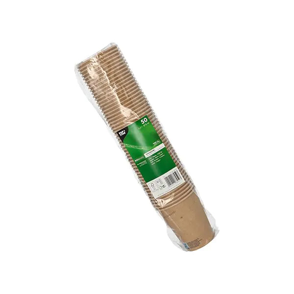 Priehľadné plastové balenie s 50 pohármi na pitie od PAPSTAR GmbH, papier 0,2 l, so zelenou etiketou s údajmi o produkte, stojí na jednoduchom bielom pozadí.