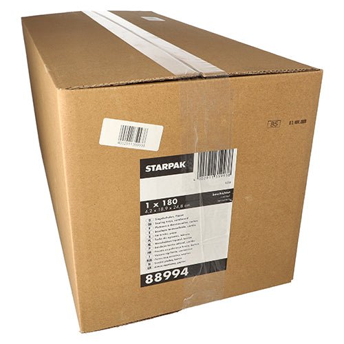 Veľká biela prepravná krabica Starpak, uzavretá priehľadnou lepiacou páskou, je opatrená čiarovým kódom a produktovým štítkom „Starpak 180 tesniace misky, lepenka obdĺžnik 1200 ml“ – ideálne pre gastronomickú oblasť. Obsah: 180 kusov na krabicu.