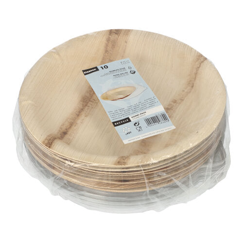 Stoh okrúhlych, svetlých jednorazových tanierov Starpak z palmového listu (Ø 23 cm, 500 ml, s rPET vrchnákom), kombinované balenie v zmršťovacej fólii (10 kusov), s bielym produktovým štítkom hore.