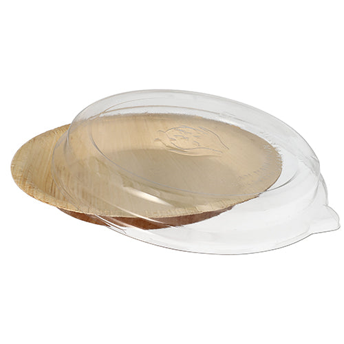 Kombinované balenie Starpak 10 tanierov z palmového listu, okrúhle, 500 ml, Ø 23 cm · 5,3 cm, pozostáva z ekologických svetlohnedých jednorazových tanierov so štruktúrovaným povrchom a čiastočne priehľadným rPET vrchnákom (10 kusov).