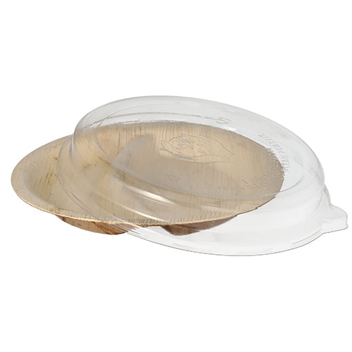 Starpak Kombipack obsahuje 10 tanierov z palmového listu, 2-dielne, 300 ml, Ø 23 cm · 5,3 cm s čírym rPET viečkom – praktické a udržateľné pre prezentáciu alebo balenie potravín.