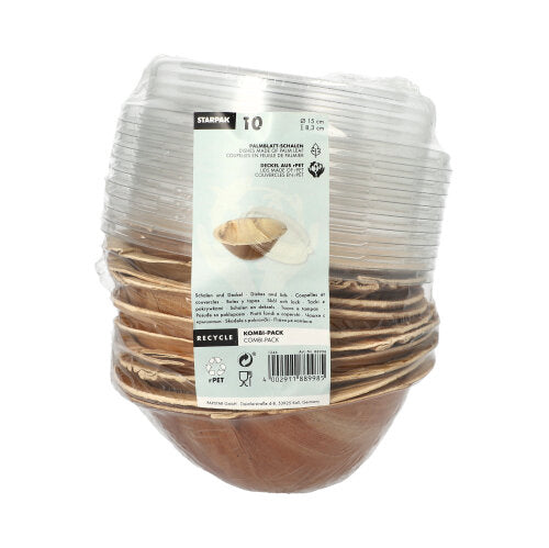 Starpak 10 misiek, palmový list s rPET viečkom „Kombipack“: Sada ekologických jednorazových misiek s recyklovaným PET viečkom. Predné etikety ukazujú recyklačné symboly a informácie o produkte.