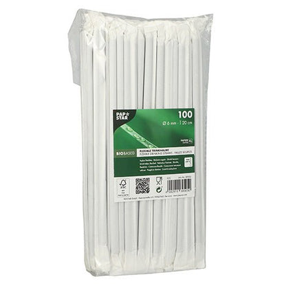 Balenie so 100 flexibilnými, jednotlivo zabalenými bielymi papierovými slamkami (Ø 6 mm, 20 cm) od PAPSTAR GmbH. Priehľadné balenie zobrazuje informácie o produkte a certifikácie a zdôrazňuje biobázový materiál.