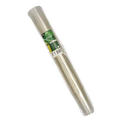 Balenie s 60 krištáľovo čistými PAPSTAR „pure“ PLA pohármi na pivo (0,2 l, Ø 7,05 cm, 12,4 cm) od spoločnosti PAPSTAR GmbH je zobrazené s zeleno-bielou etiketou v priehľadnom plastovom obale na bielom pozadí.