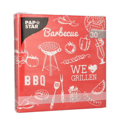 Červené balenie s 30 3-vrstvovými obrúskami (33 x 33 cm, 1/4-sklad) od PAPSTAR GmbH zobrazuje biele motívy grilu a texty ako „Barbecue“, „BBQ“ a „Milujeme grilovanie“.