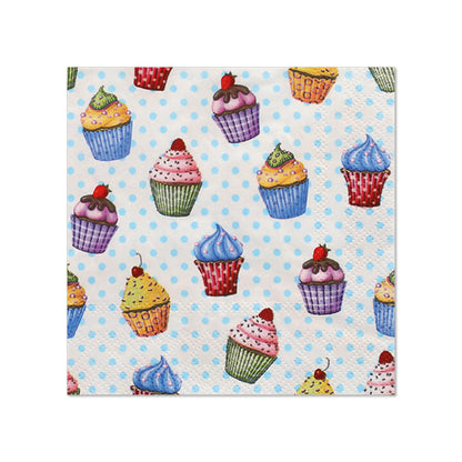 PAPSTAR 20 servítok, 25 cm x 25 cm, 3-vrstvové od PAPSTAR GmbH ukazujú svetlomodré bodkované pozadie s farebnými cupcakes a čerešňami – perfektné pre párty s ich šarmantným a robustným dizajnom.