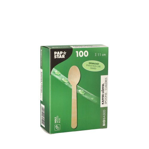 Zelená škatuľka "Kávové lyžičky z dreva 'pure', 11 cm, voskované" od PAPSTAR GmbH obsahuje 100 ekologických kávových lyžičiek z dreva, každá dlhá 11 cm; na prednej strane škatule je zobrazený motív lyžičky.