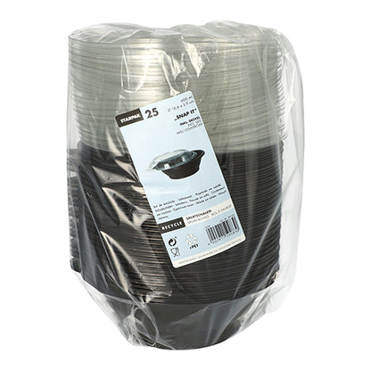 Balenie 25 čiernych šalátových misiek Starpak „Snap It“ (PET, 600 ml, Ø16,6 cm, 5,9 cm) s priehľadným viečkom z R-PET, zabalené v plastovej fólii a s bielou etiketou na prednej strane s detailmi produktu a čiarovým kódom.