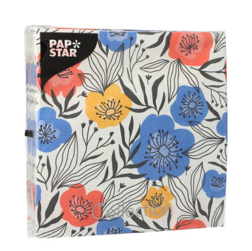 PAPSTAR 20 Servietten, 3-lagig, 33x33 cm, Design Set 4: Blumendruck mit blauen, gelben und roten Blüten sowie schwarzen Blättern auf weißem Hintergrund von PAPSTAR GmbH.