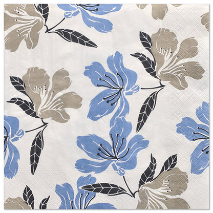 PAPSTAR 20 servítok (40 cm x 40 cm, 3-vrstvové, 1/4-sklad) od PAPSTAR GmbH ukazujú opakujúci sa modro-béžový kvetinový vzor s čiernymi listami a stonkami na bielej farbe a dodávajú každému prestretému stolu eleganciu.
