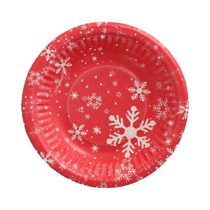 Okrúhla papierová miska PAPSTAR, 19 cm, 3 cm vysoká, séria "Winter Time" s bielymi snehovými vločkami na červenom pozadí od PAPSTAR GmbH, zhora na bielom pozadí (50 kusov/fólia).