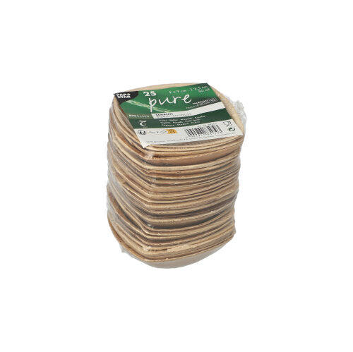 Ein Stapel quadratischer, natürlicher Palmblattschalen der Marke PAPSTAR GmbH ist in Plastik verpackt. Ein grün-weißes Etikett oben gibt an: PAPSTAR 25 Schalen Palmblatt „pure“ „QUADRATO“ natur.