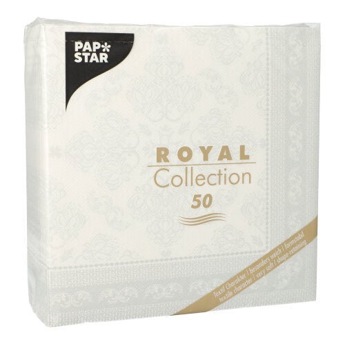 Biele balenie od PAPSTAR GmbH obsahuje 50 1/4-skladacích servítok "ROYAL Collection", 40 x 40 cm, so zlatými a čiernymi ozdobnými okrajmi.