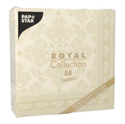 Eine Packung mit 50 PAPSTAR GmbH Servietten "ROYAL Collection" 1/4-Falz, 40 x 40 cm in Champagner, mit einem eleganten Muster und goldenen Akzenten auf der Verpackung.
